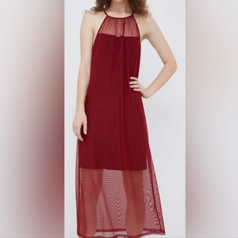 DKNY Mesh Overlay Maxi Halter Dress with Shorter Lining